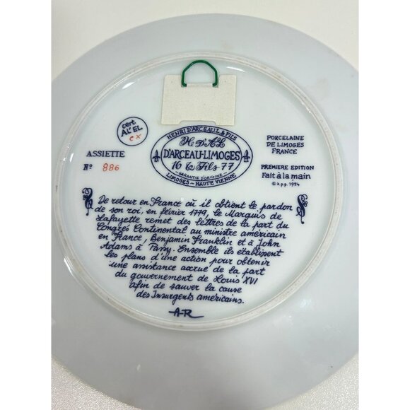 Henri D’Arceau Limoges Vintage Plate 1977 Lafayette Benjamin Franklin Message Fr - Picture 2 of 14